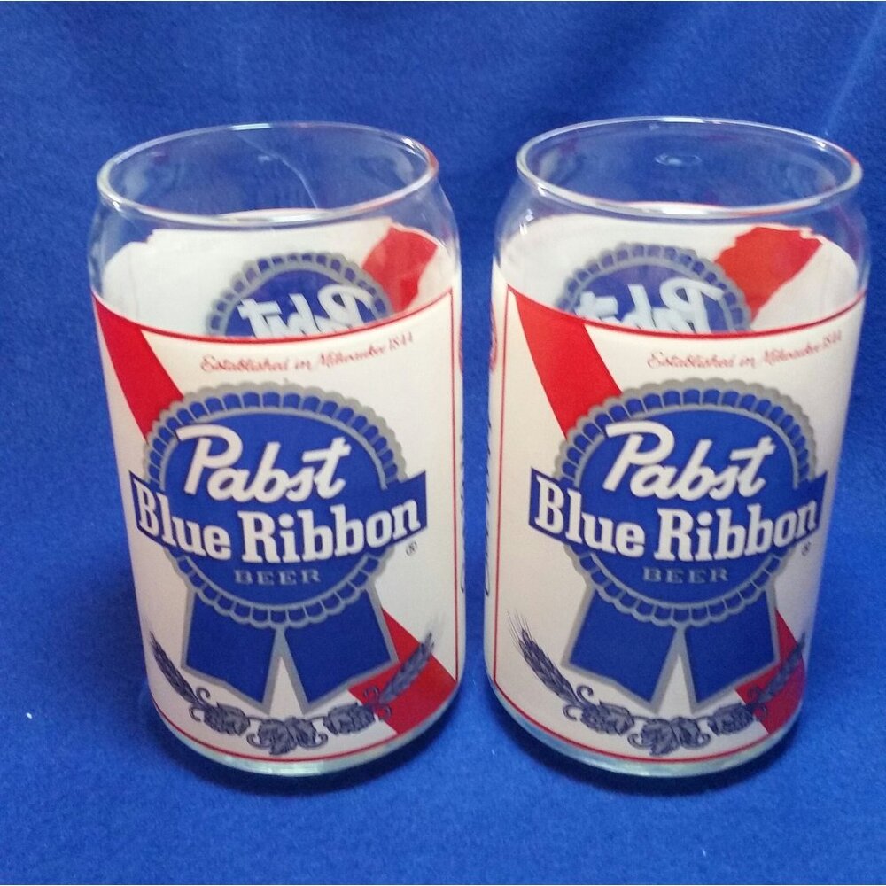 Pabst Blue Ribbon Beer Can Glasses Set of 2 PBR Vintage Mancave Barware Home Bar